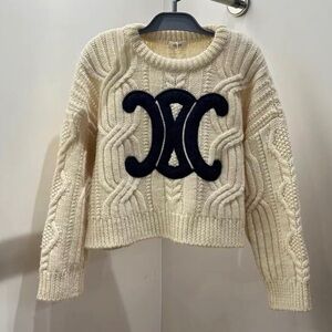 Celine Cream Cable Knit Sweater with Black Emblem